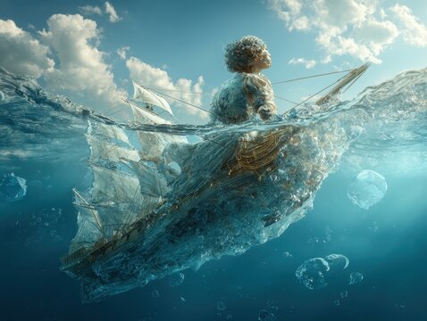 A figurehead leads a shipwrecked galleon, half-submerged in a serene ocean, the fantastical vessel offers a beautiful nautical scene, defying a watery grave beneath the waves