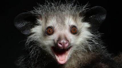 Fototapeta premium This close-up showcases the aye-aye lemur, a nocturnal primate from Madagascar, with its unique features and curious gaze, highlighting its status as an endangered animal