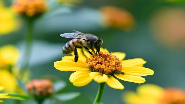 A bee is collecting nectar from a bright yellow flower in a lush green garden setting with soft natural lighting
