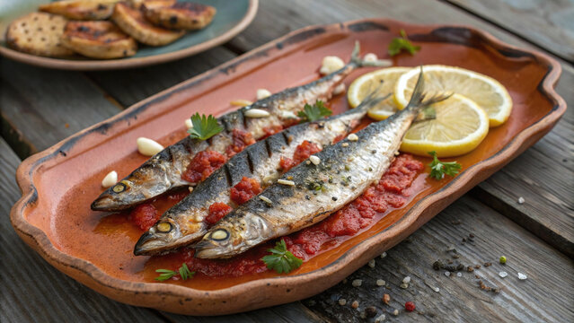 Photorealistic grilled sardines with smoked tomato white bean puree, garlic chips, pickled fennel and parsley oil at sunset