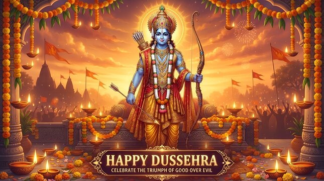 Hindu deity rama holding a bow and arrow during dussehra festival celebration with dussehra