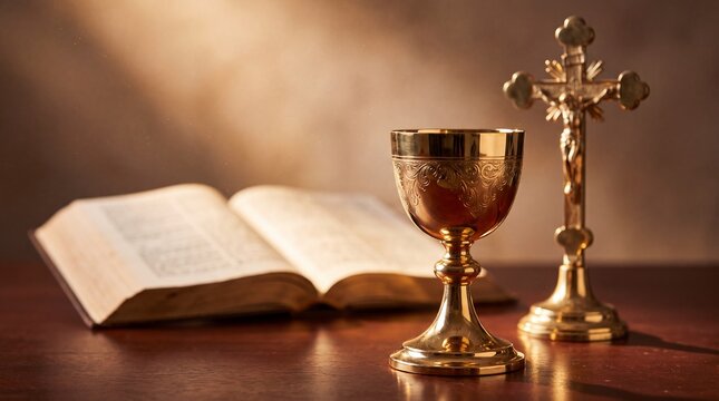All Saints day. Catholic religion concept. The Cross, Holy Bible and golden chalice on the altar