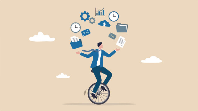 Multitasking businessman unicycle vector illustration, juggling business icons, workload management concept