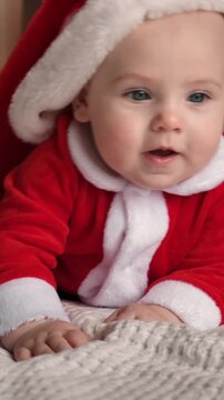 Cheerful baby girl wearing red Santa costume laughing and dancing lying on tummy. Playful newborn kid. Excited holiday emotion. Holiday marketing with children. Infant Christmas cosplay