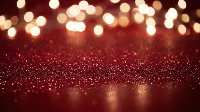 Red glitter surface with bokeh lights during festive celebration background