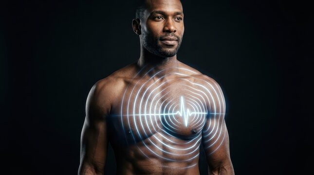 Muscular man in dark studio lighting.