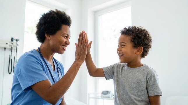 In a bright medical clinic room, a friendly African American nurse gives a high five to a kid during a healthcare checkup.