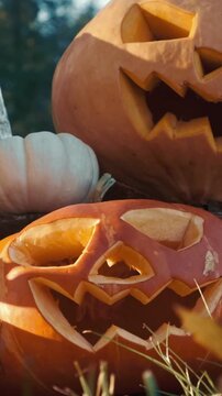 Carved Halloween pumpkins with burning wax candles filmed in vertical. Traditional jack-o-lantern gourds on wooden shelf. Rustic decorations. Autumn outdoor vibe for cozy mystical twilight blogging