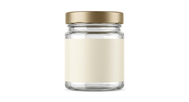 A clear glass jar with a metallic gold lid and a blank beige label centered against a plain white background.