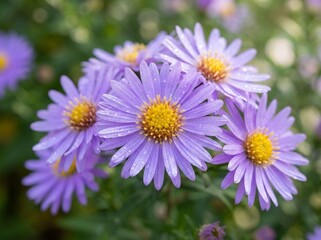 Fototapeta premium Purple aster flowers blooming in garden fresh botanical nature photography with soft bokeh