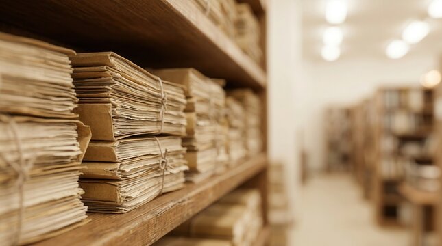 Wooden archive shelves featuring aged rows of paper documents and stacked bundled files in a bright interior
