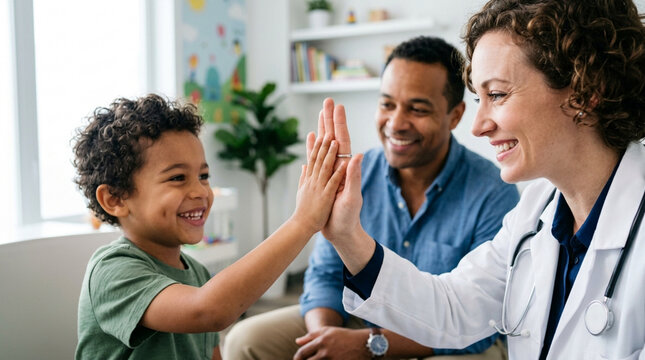 Doctor, father, and child high-five in a medical office, smiling with joy.