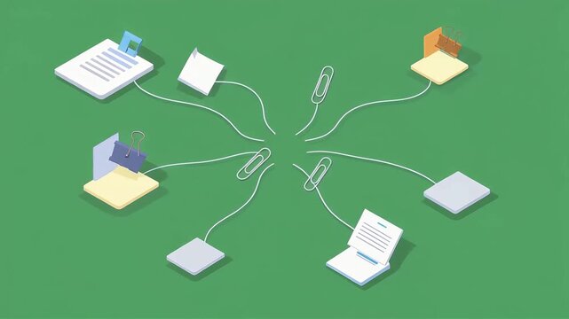 White paper documents connecting to central office items in this isometric digital animation motion footage for professional data management presentation