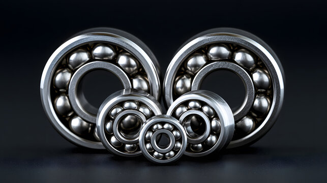 Close-up studio shot of five shiny steel ball bearings arranged in different sizes on dark background, illustrating mechanical engineering, precision parts, and industrial machinery components.