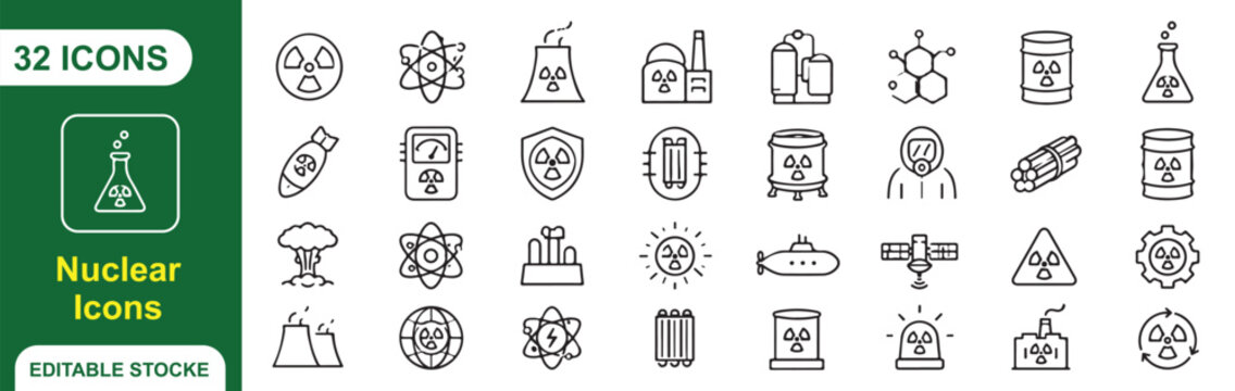 32 Nuclear Vector Outline Icons Set &ndash; Nuclear Energy, Radiation, Reactor, Atomic Science, Power Plant and Radioactive Line Symbols Collection