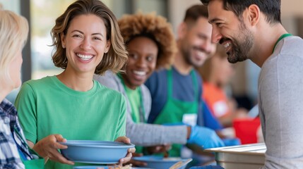 Fototapeta premium Diverse group of smiling volunteers serving food at a community event