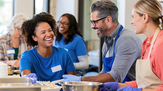 Diverse group of volunteers happily serving food at a community event