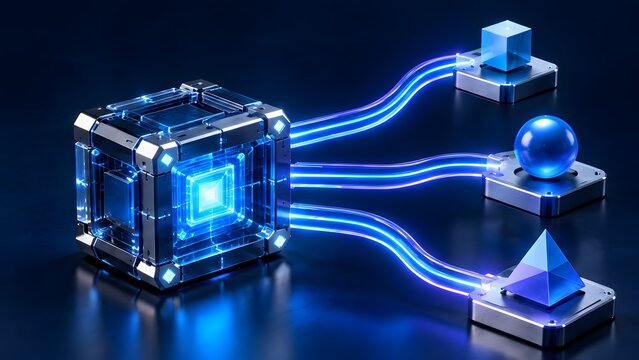 Glowing high tech central cube connecting to basic geometric shapes via fiber optic cables representing machine learning algorithms and data distribution