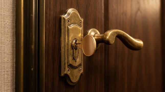 Close-up view of a vintage brass key inserted into a wooden door lock mechanism
