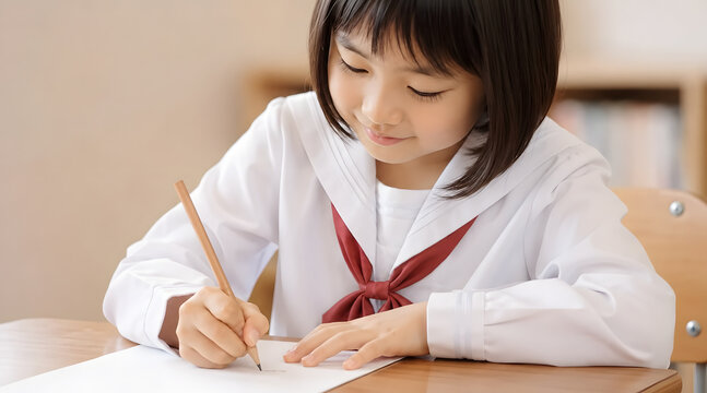 Schoolgirl Writing and Studying at Desk in Classroom