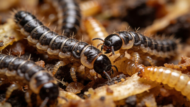 Closeup of insects processing agricultural waste in circular economy