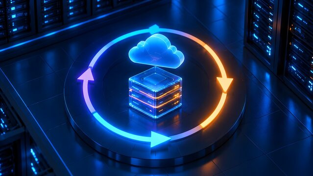 Glowing cloud computing icon and server rack inside a neon circular arrow track representing data synchronization and continuous backup cycles