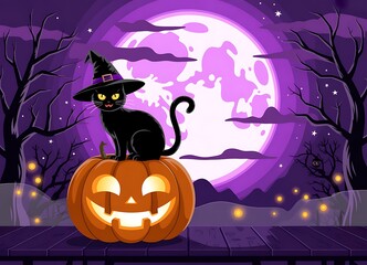Fototapeta premium Black cat wearing a witch hat sits atop a glowing jackolantern under a full moon