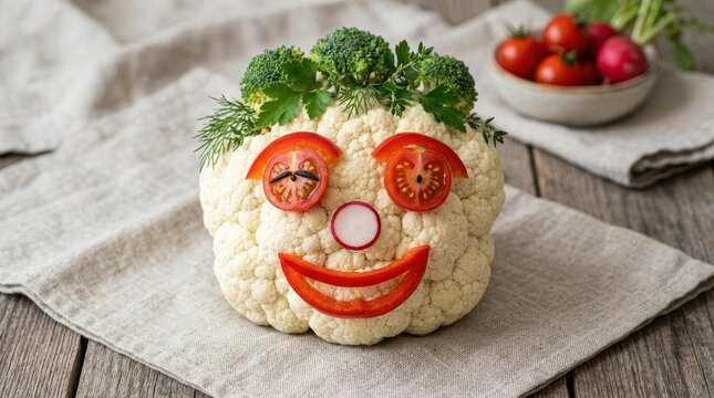 Colorful vegetable face art on wooden board.