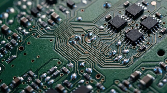 Close-up view of a green circuit board with electronic components