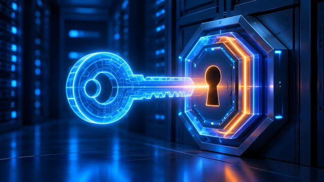 Glowing digital neon key unlocking a secure server vault door representing advanced cybersecurity and encrypted data protection
