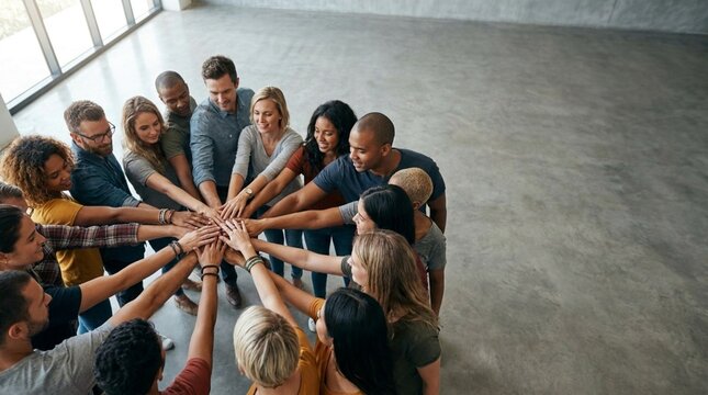 Diverse business team stacking hands together in unity high angle view in large office