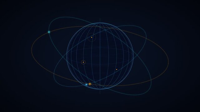 Satellite orbital mechanics HUD displaying planetary trajectory vectors and flight path telemetry