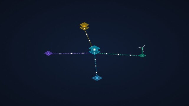 Smart renewable energy grid power flow map visualizing electric transmission line load distribution
