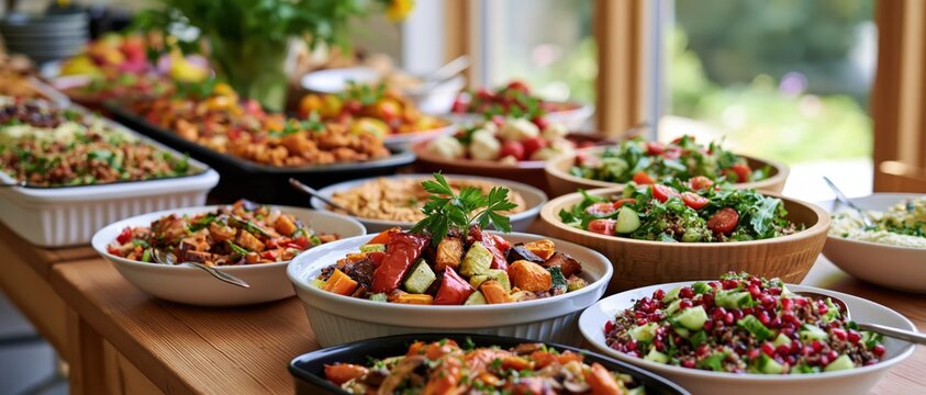 Abundant buffet table filled with diverse and colorful roasted vegetable dishes and salads