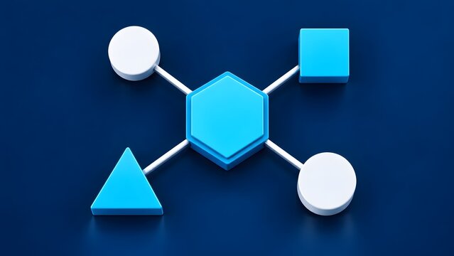 3D Blue Network Node Diagram with Geometric Shapes for Data Algorithm and Cloud Computing Connection Concept