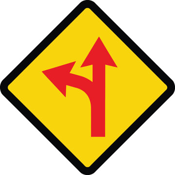 Yellow diamond road sign with split red arrows for traffic direction