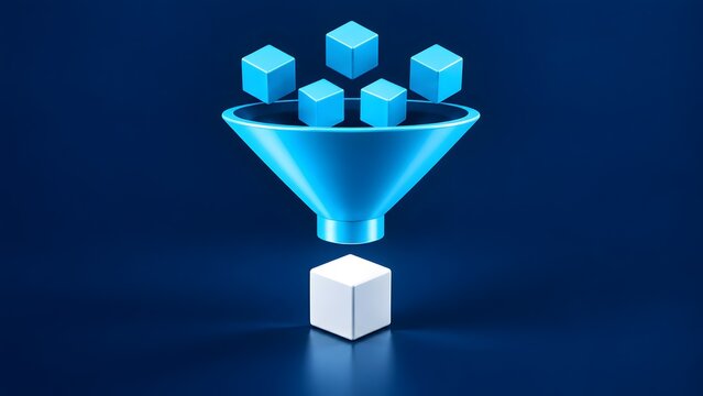 3D blue funnel filtering multiple cubes into a single white cube representing data processing, sales conversion, and business optimization strategy.