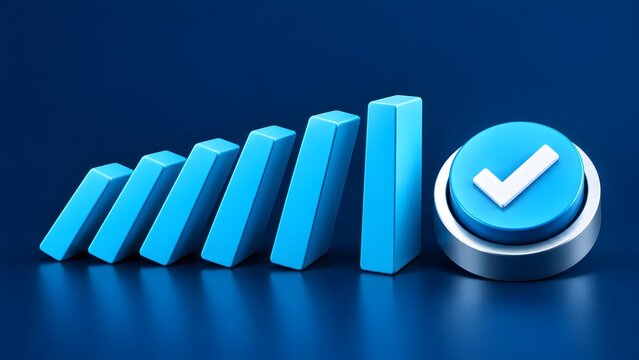 3D blue domino effect chain reaction culminating in a successful checkmark symbol representing workflow completion and positive business outcomes.