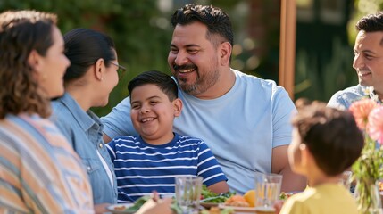 Obraz premium Happy multi-generational family enjoying a meal together outdoors