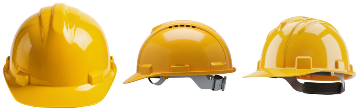 Three yellow hard hats shown from different angles, isolated on transparent background