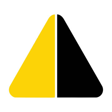 Minimalist abstract icon of a triangle with rounded corners divided into yellow and black segments isolated on white background, geometric design concept