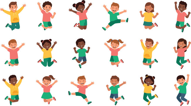Set of happy diverse children jumping and celebrating with joy
