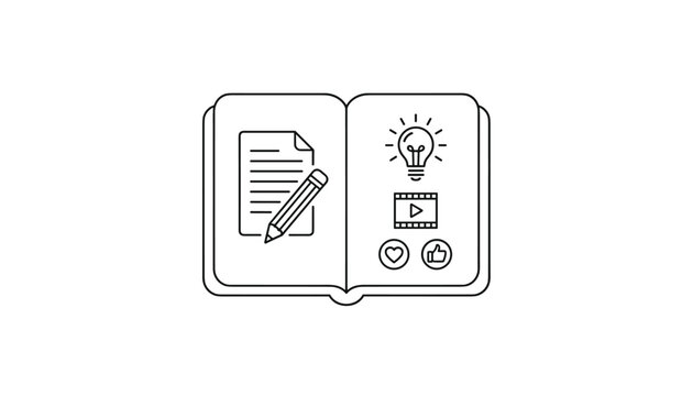 Line art icon of an open book depicting creative writing, video production, ideas generation, and media likes.