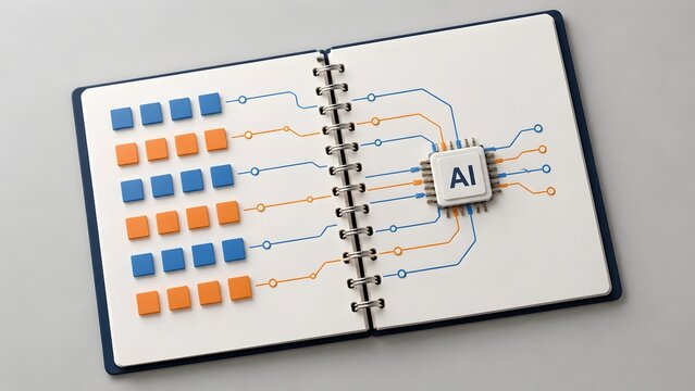 3D artificial intelligence microchip connected to data blocks on an open notebook representing machine learning algorithms and digital planning.
