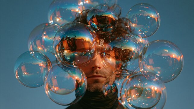 Man surrounded by transparent bubbles