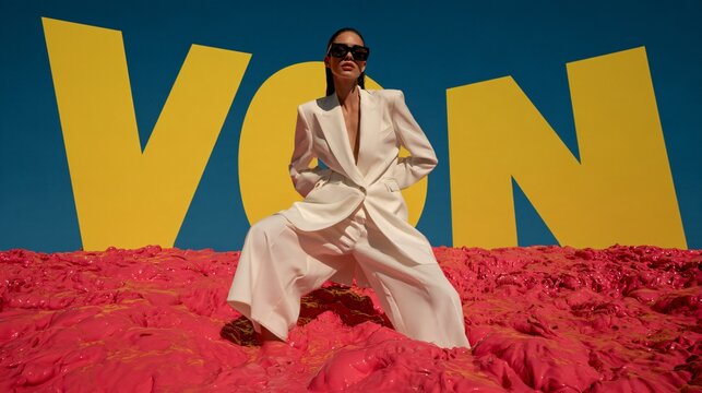 Woman in white suit posing on red surface