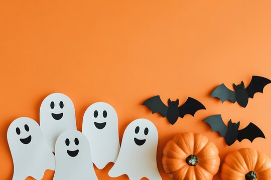 Festive halloween decorations with friendly ghosts pumpkins and bats on an orange background