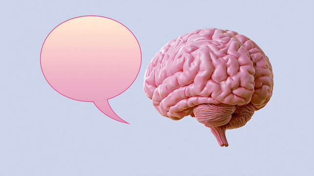 creative woman climbing ladder wearing giant pink brain sculpture symbolizing imagination growth and ambitious thinking on pink background