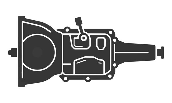 Simplified deep charcoal flat icon of an automobile transmission housing from a top-down view on white, automotive engineering concept