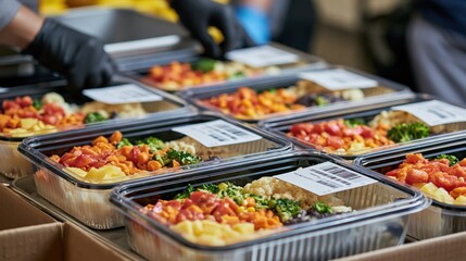 Obraz premium Prepared meals in plastic containers being organized and labeled for distribution
